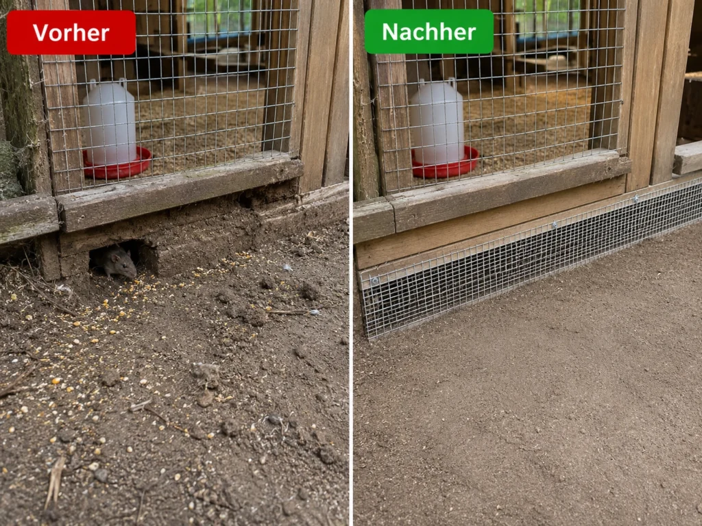 Ratten im Hühnergehege vorher und nachher – Zugang professionell gegen Ratten gesichert