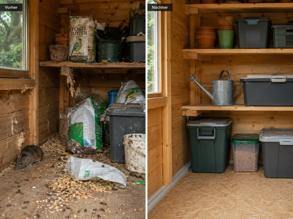 Ratten im Gartenhaus vorher und nachher – Lagerbereich gereinigt und gegen Ratten gesichert