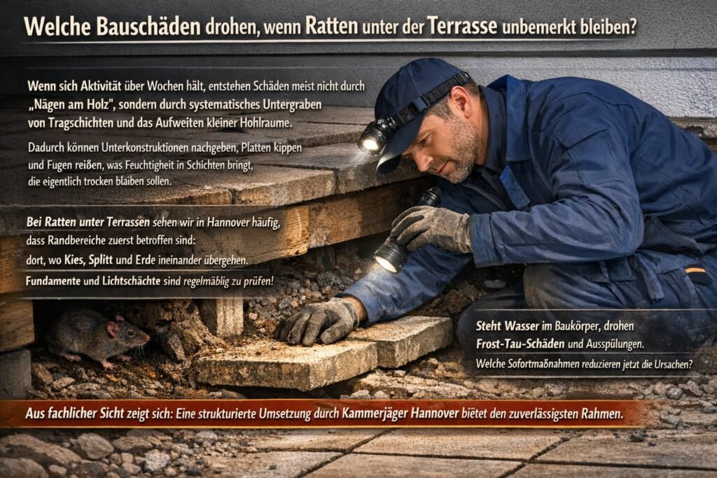 Kammerjäger prüft Rattenbefall unter abgesackter Terrasse in Hannover.