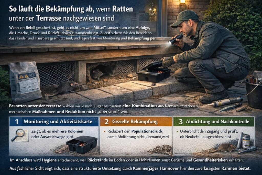 Kammerjäger prüft Rattenbefall unter Terrasse mit Köderstation und erklärt Bekämpfungsschritte.