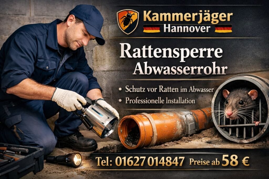 Techniker von Kammerjäger Hannover installiert eine Rattensperre im Abwasserrohr, Schutz vor Ratten