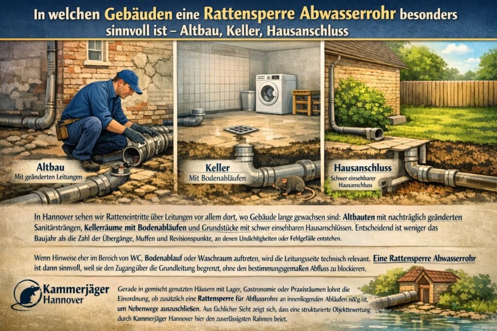 Techniker montiert Rattensperre im Abwasserrohr – Altbau, Keller und Hausanschluss als Risikobereiche.