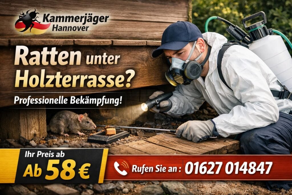 Techniker von Kammerjäger Hannover bekämpft Ratten unter Holzterrasse ab 58