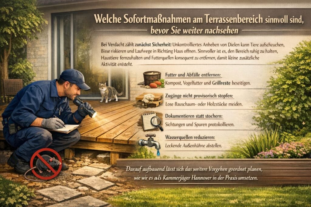 Fachtechniker prüft Bereich unter Holzterrasse und dokumentiert Spuren bei Verdacht auf Ratten.