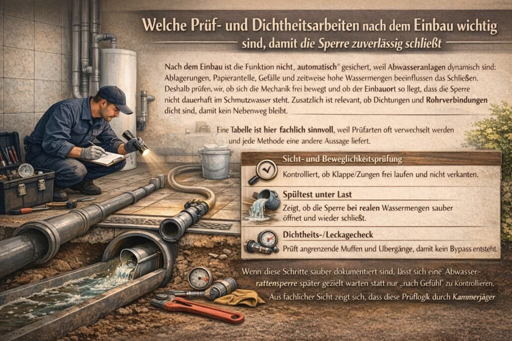 Fachtechniker prüft eine Abwasser-Rattensperre im Rohrsystem und dokumentiert Sicht-, Spül- und Dichtheitsprüfung nach dem Einbau.