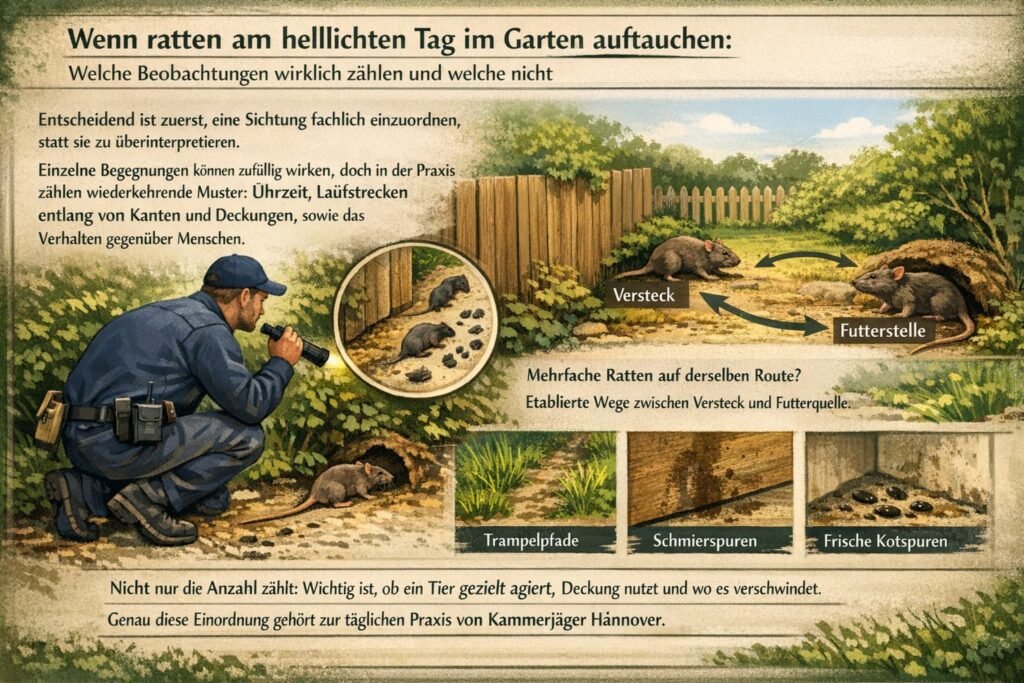Schädlingsbekämpfer prüft Rattenwege und Spuren im Garten bei Tageslicht.