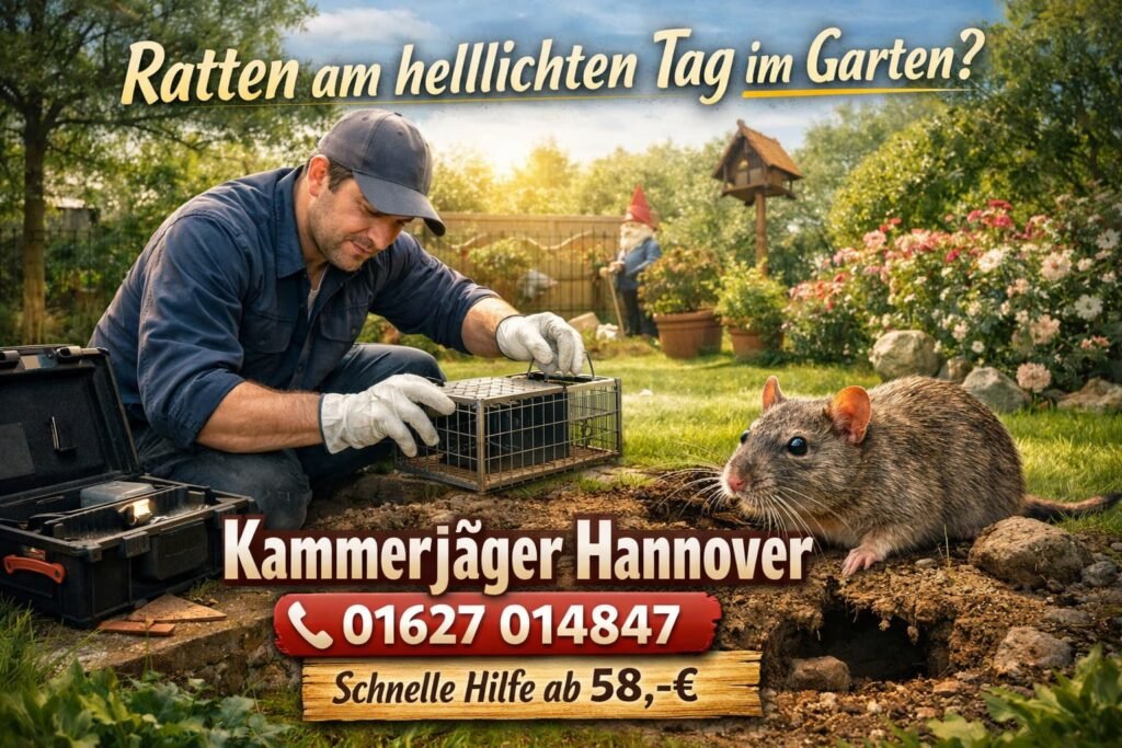 Techniker von Kammerjäger Hannover prüft Rattenfalle im Garten – Hilfe ab 58 €