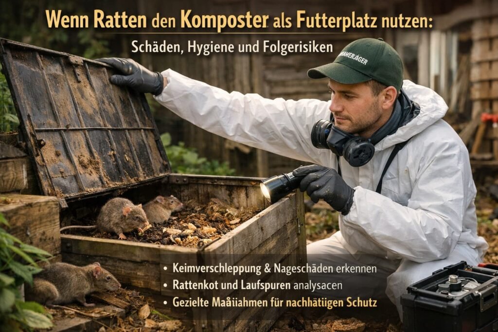 Kammerjäger kontrolliert Rattenbefall im Komposter im Garten.