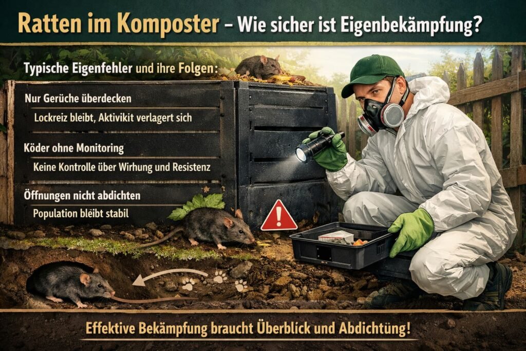 Kammerjäger prüft Ratten im Komposter im Garten.