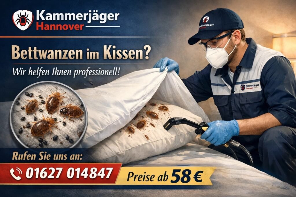 Kammerjäger Hannover entfernt Bettwanzen aus Kissen – professioneller Schädlingsbekämpfer im Einsatz, günstige Preise ab 58 €