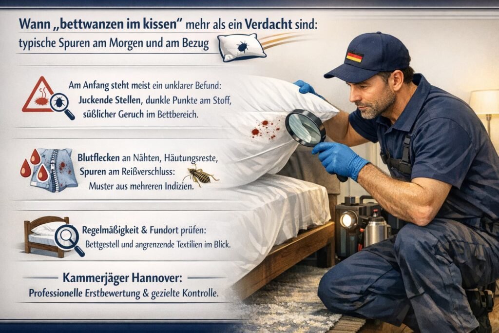 German pest control technician inspecting pillow for bed bugs with visible stains and signs of infestation