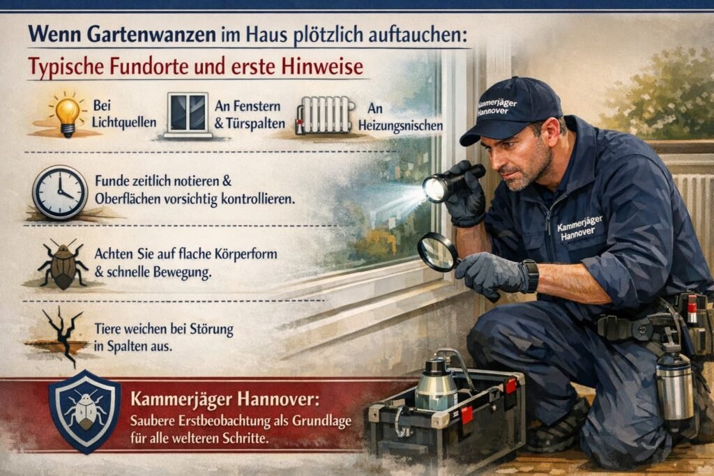 Techniker zur Schädlingsbekämpfung untersucht Gartenwanzen im Haus an Fenster und Heizungsbereich mit Hinweisen zu typischen Fundorten