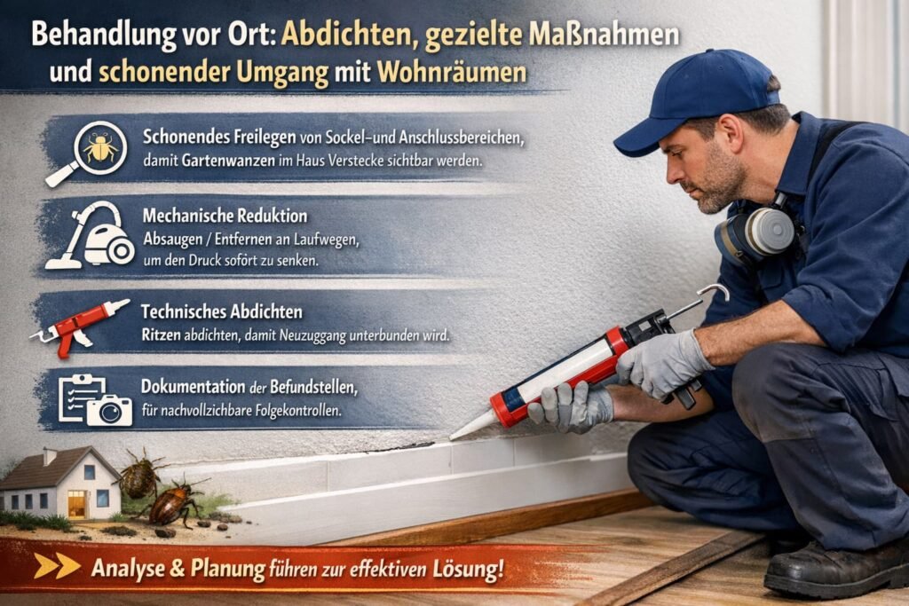 Techniker bei professioneller Schädlingsbekämpfung dichtet Ritzen in Wohnräumen ab und führt gezielte Maßnahmen zur Bekämpfung von Gartenwanzen durch
