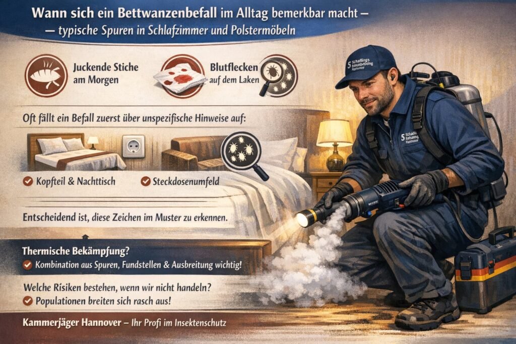 Schädlingsbekämpfer behandelt Bettwanzen im Schlafzimmer mit sichtbaren Befallsspuren