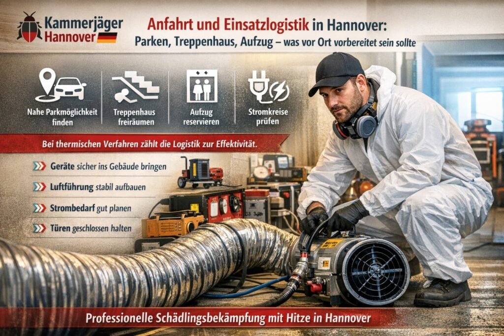 Schädlingsbekämpfer in Hannover bei Wärmebehandlung mit Logistik-Hinweisen (Parken, Treppenhaus, Aufzug, Strom).