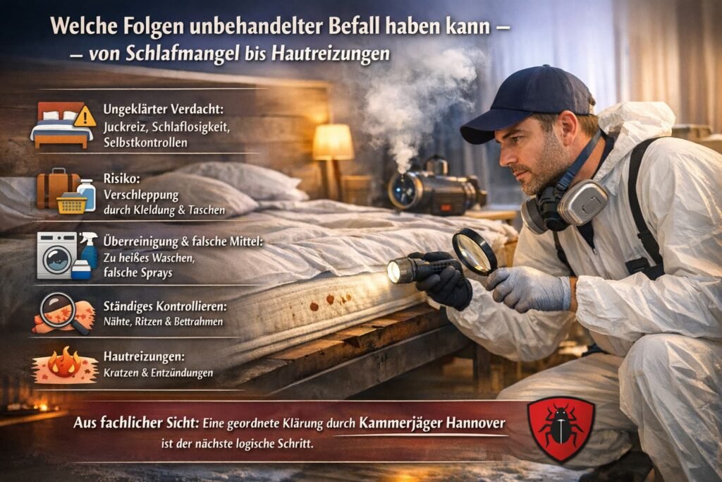 Kammerjäger inspiziert Bett auf Bettwanzen – professionelle Schädlingsbekämpfung in Hannover