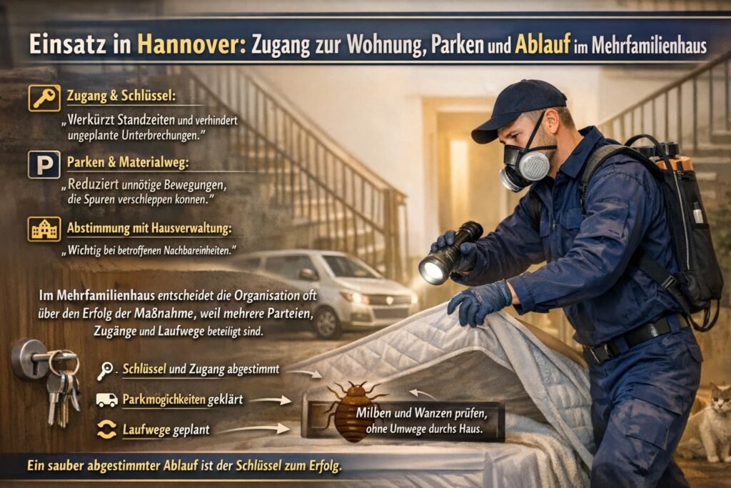 Techniker zur Schädlingsbekämpfung inspiziert Bett in Hannover mit Fokus auf Zugang, Parken und Ablauf im Mehrfamilienhaus