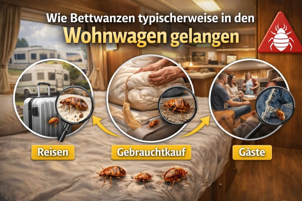 Wie Bettwanzen typischerweise in den Wohnwagen gelangen (Reisen, Gebrauchtkauf, Gäste)