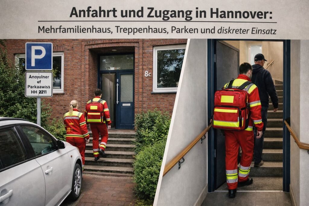 Anfahrt und Zugang in Hannover: Mehrfamilienhaus, Treppenhaus, Parken und diskreter Einsatz
