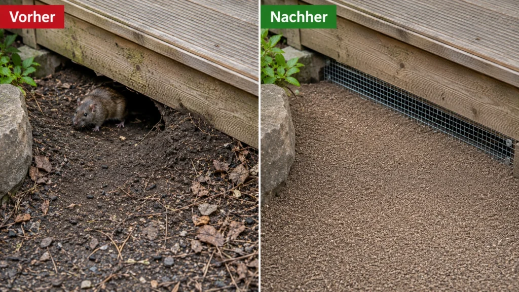 Ratten unter Holzterrasse vorher und nachher – professionelle Sicherung