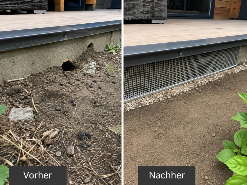 Ratten unter der Terrasse vorher und nachher – Zugang professionell gesichert