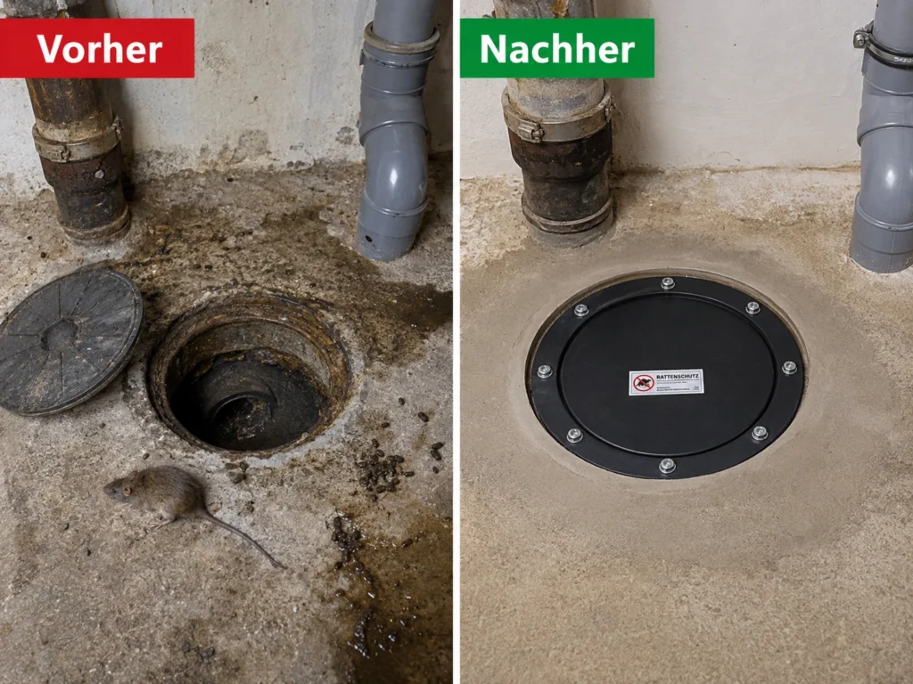 Rattensperre Abwasserrohr vorher und nachher – professionell gesicherter Zugang