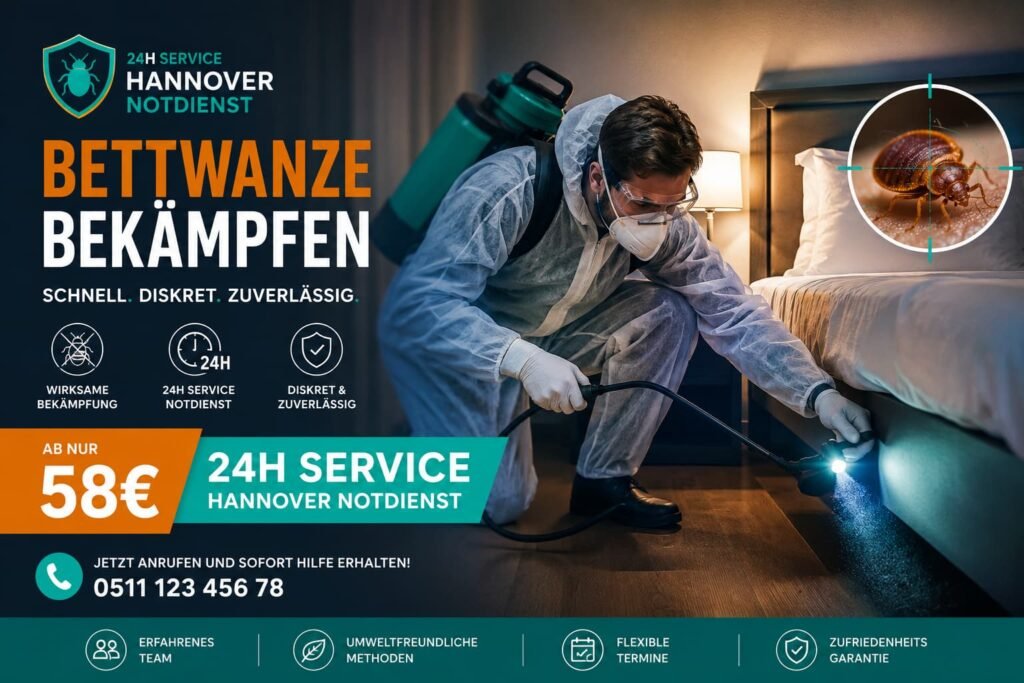 Schädlingsbekämpfer untersucht ein Bett in einem Schlafzimmer und führt eine professionelle Behandlung gegen Insekten durch.