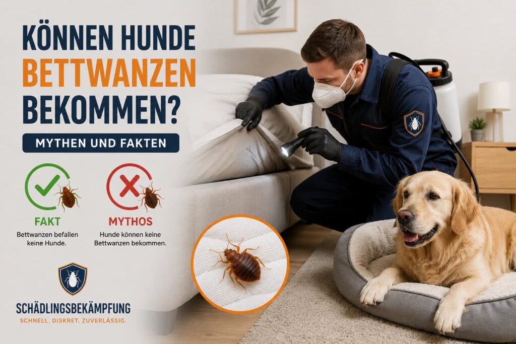 Professioneller Schädlingsbekämpfer untersucht ein Bett neben einem ruhigen Hund in einem modernen Schlafzimmer.