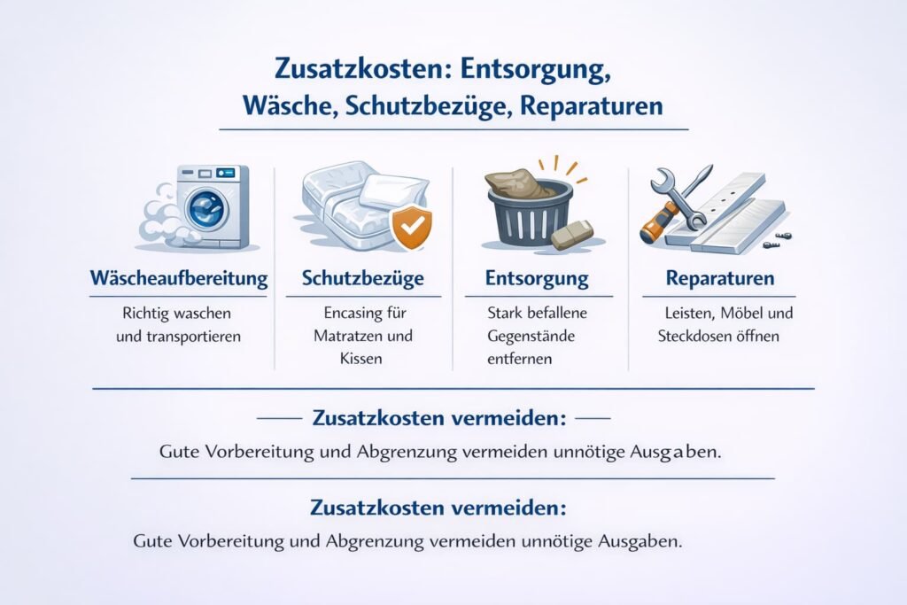 Zusatzkosten: Entsorgung, Wäsche, Schutzbezüge, Reparaturen