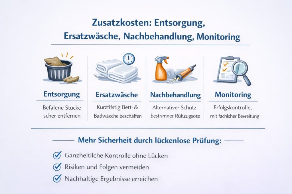 Zusatzkosten: Entsorgung, Ersatzwäsche, Nachbehandlung, Monitoring