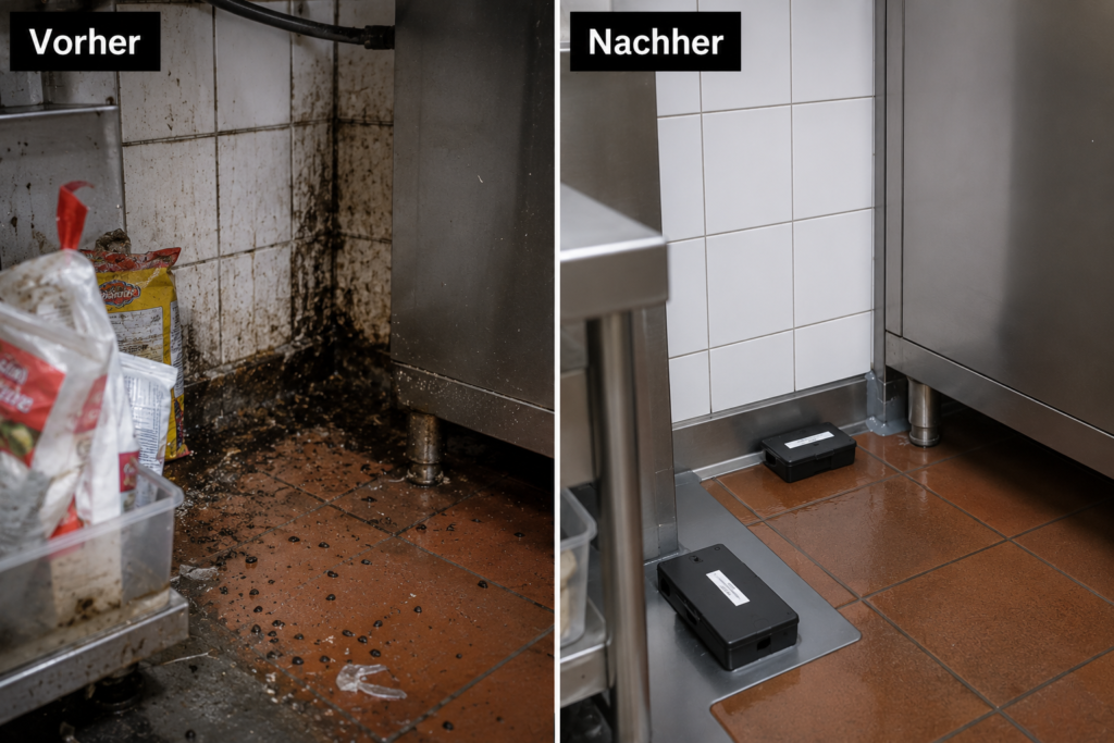 Kammerjäger Hannover Vorher-Nachher-Vergleich: Verschmutzte Gastronomie-Küche mit Schädlingsspuren vs. professionell gereinigter Bereich mit aufgestellten Köderboxen und Monitoring-Fallen.