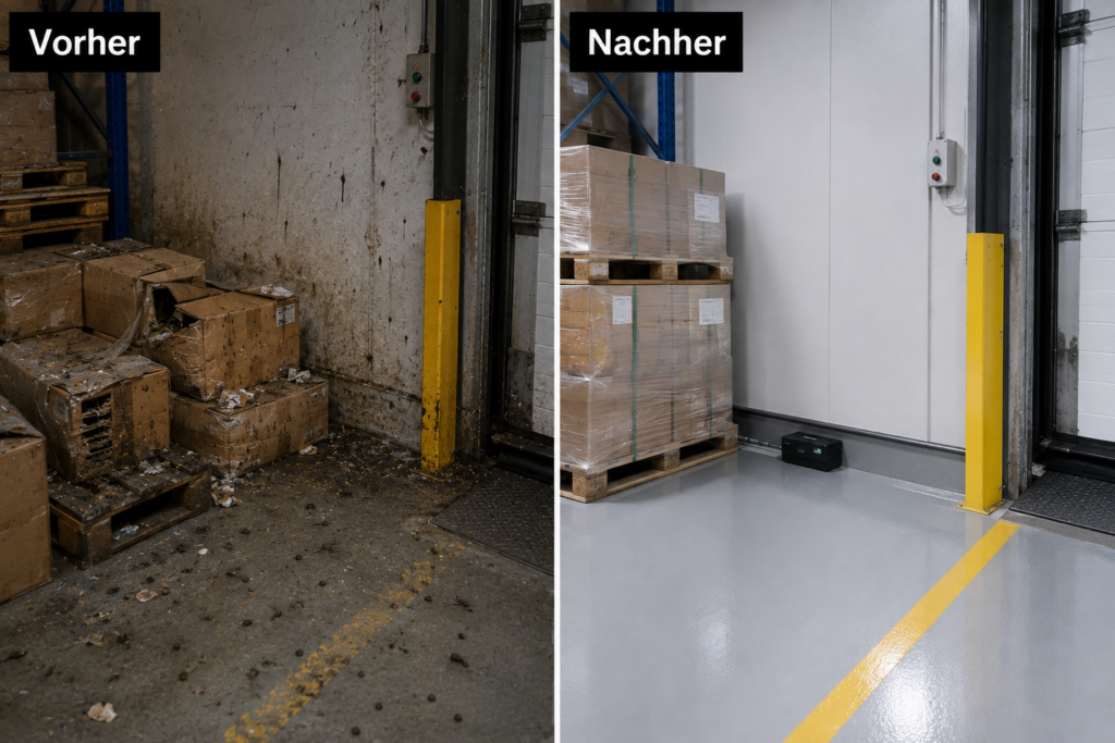 Schädlingsbekämpfung Industrie Hannover Vorher-Nachher-Vergleich: Unordentliches Lager mit beschädigten Kartons und Verschmutzungen vs. professionell sanierter Bereich mit ordentlich gestapelten Paletten, neuem Anstrich und digitaler Köderbox.