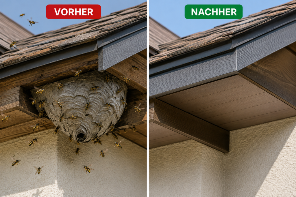 Vorher-Nachher-Bild einer professionellen Wespennestentfernung mit einem großen Wespennest unter dem Dachüberstand vor der Bekämpfung und einem sauberen, versiegelten und wespenfreien Dachbereich nach der Entfernung.