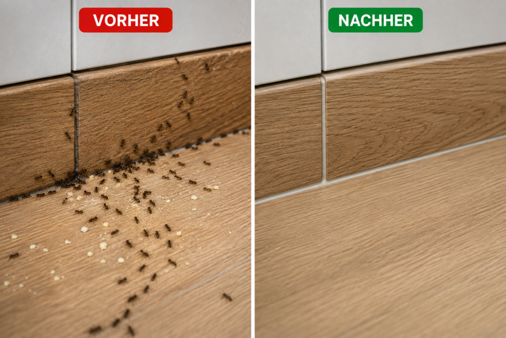 Vorher-Nachher-Bild einer professionellen Ameisenbekämpfung in der Küche mit einer Ameisenstraße entlang der Sockelleiste vor der Behandlung und einem sauberen, versiegelten sowie ameisenfreien Bereich nach der Schädlingsbekämpfung.
