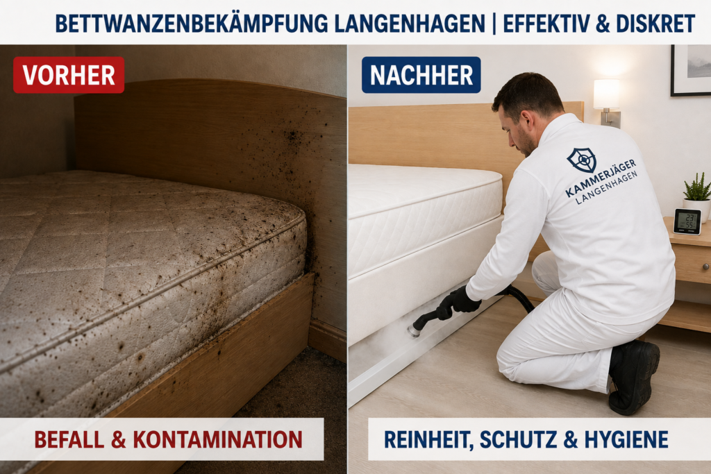 Vorher-Nachher-Vergleich einer professionellen Bettwanzenbekämpfung im Schlafzimmer in Langenhagen durch einen Kammerjäger mit Thermoverfahren.
