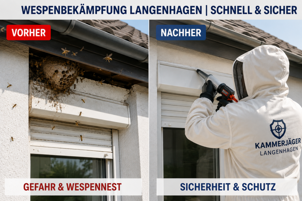 Vorher-Nachher-Vergleich einer professionellen Wespennestentfernung am Dachkasten in Langenhagen durch einen Kammerjäger.