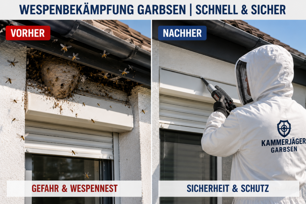 Vorher-Nachher-Vergleich einer professionellen Wespennestentfernung am Dachkasten in Garbsen durch einen Kammerjäger.