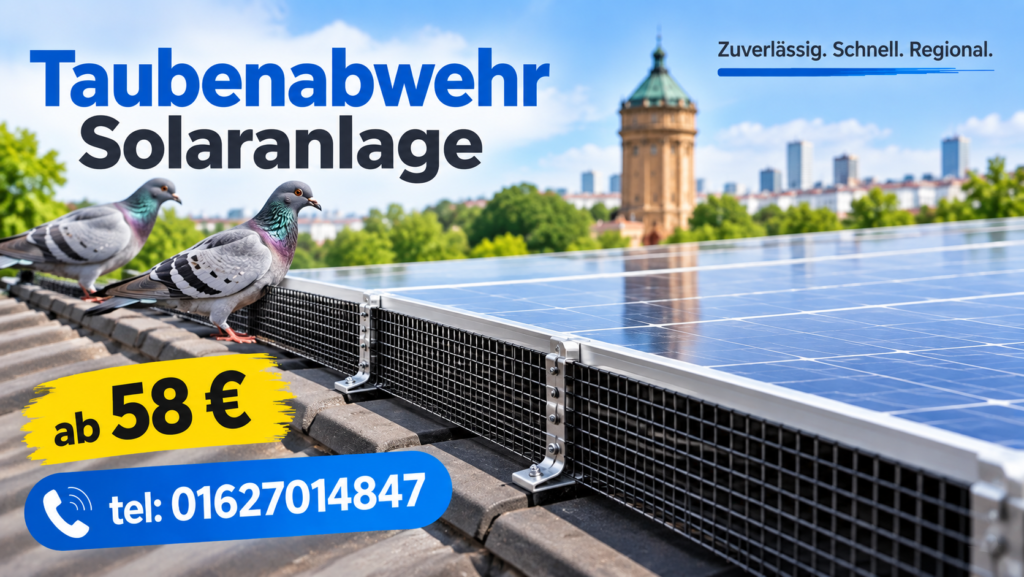 Taubenabwehr Solaranlage vorher nachher – Reinigung und Schutzgittermontage