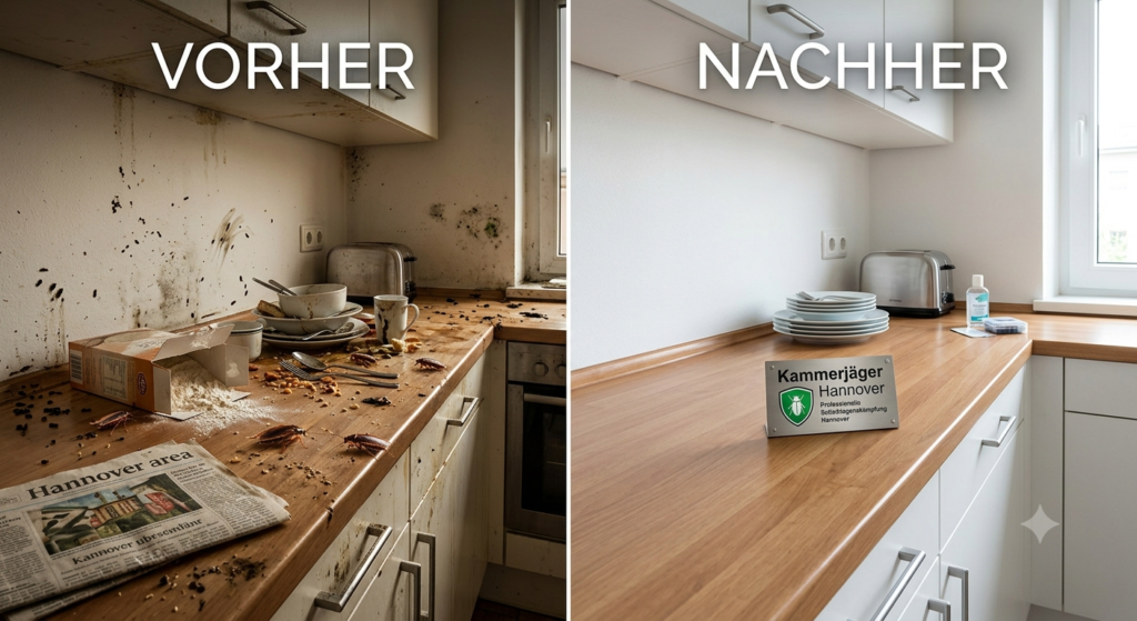 Vorher-Nachher-Vergleich einer professionellen Schädlingsbekämpfung: Links ein extremer Schabenbefall in einer Küche, rechts eine hygienisch gereinigte und schädlingsfreie Arbeitsfläche durch Kammerjäger Hannover.