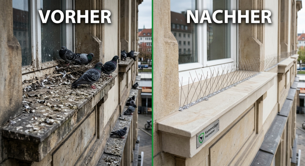 Vorher-Nachher-Vergleich einer professionellen Taubenabwehr in Hannover mit montierten Edelstahl-Spikes auf einer sauberen Fensterbank.
