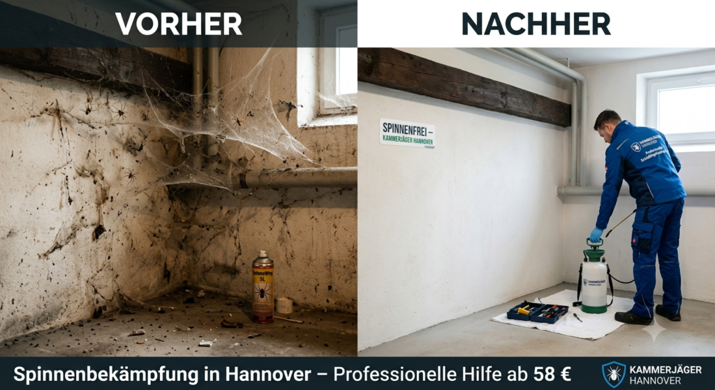 Vorher-Nachher-Vergleich einer Spinnenbekämpfung im Keller durch Kammerjäger Hannover
