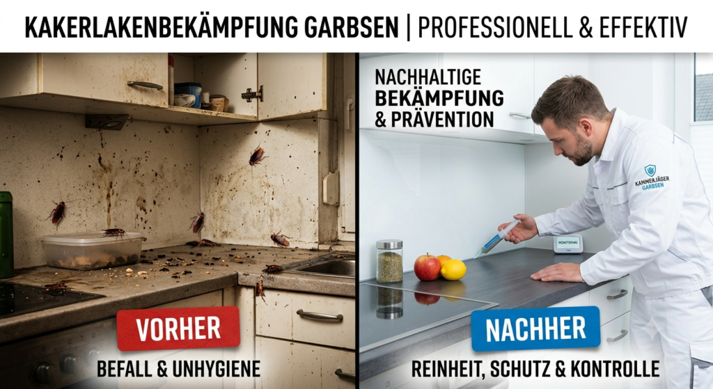Ein Vorher-Nachher-Vergleich einer professionellen Kakerlakenbekämpfung in einer Küche in Garbsen durch einen Kammerjäger, der ein Gel-Köder appliziert.