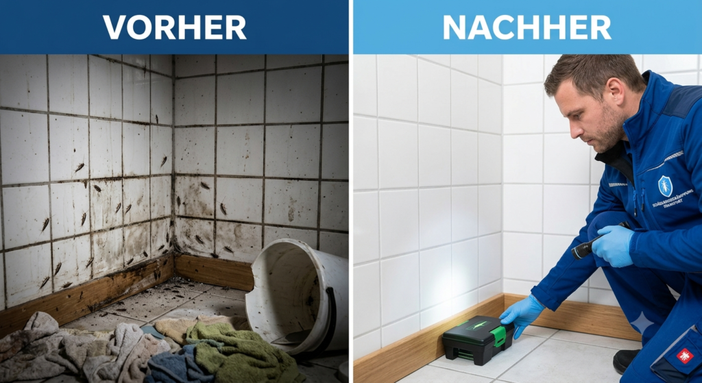 Vorher-Nachher-Vergleich einer Silberfischchen-Bekämpfung in Hannover: Links akuter Befall und Feuchtigkeitsschäden an den Fliesen, rechts fachgerechte Schädlingsbekämpfung und saubere Hygiene durch einen Kammerjäger.