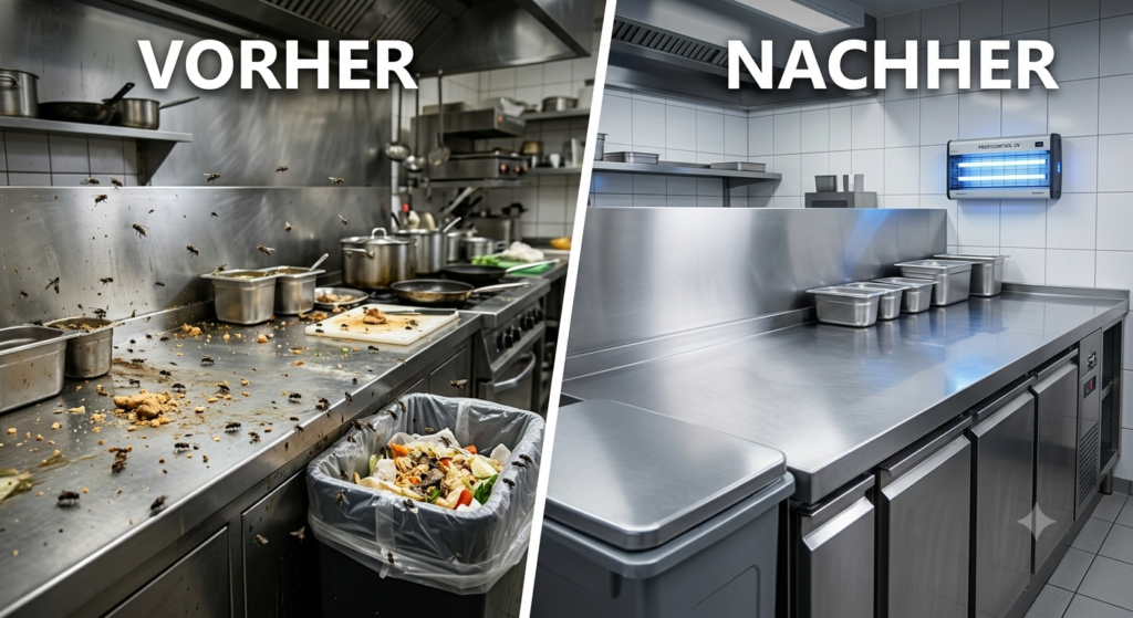 "Ein Side-by-Side-Vergleich einer gewerblichen Küche vor und nach einer professionellen Tiefenreinigung und Schädlingsbekämpfung. Auf der linken Seite, beschriftet mit 'VORHER', ist die Küche schmutzig, chaotisch, mit einem offenen Mülleimer voller Abfall und einem massiven Schwarm von Fliegen, die um Essen und Geräte surren. Auf der rechten Seite, beschriftet mit 'NACHHER', ist dieselbe Küche tadellos sauber, organisiert, mit glänzenden Oberflächen, geschlossenen Containern und einem professionellen, an der Wand montierten UV-Insektenvernichter, der für Hygiene und Schädlingsfreiheit sorgt."