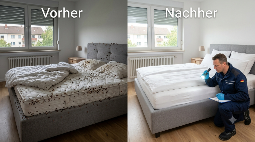 Vorher und Nachher einer professionellen Bettwanzenbekämpfung in Hannover mit gründlich behandeltem und hygienisch sauberem Schlafzimmer.