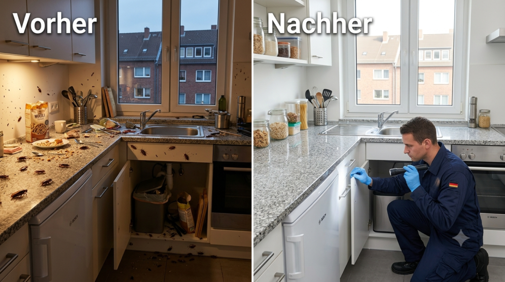 Vorher und Nachher einer professionellen Kakerlakenbekämpfung in Hannover mit sauberer und hygienischer Küche nach erfolgreicher Schabenbekämpfung.