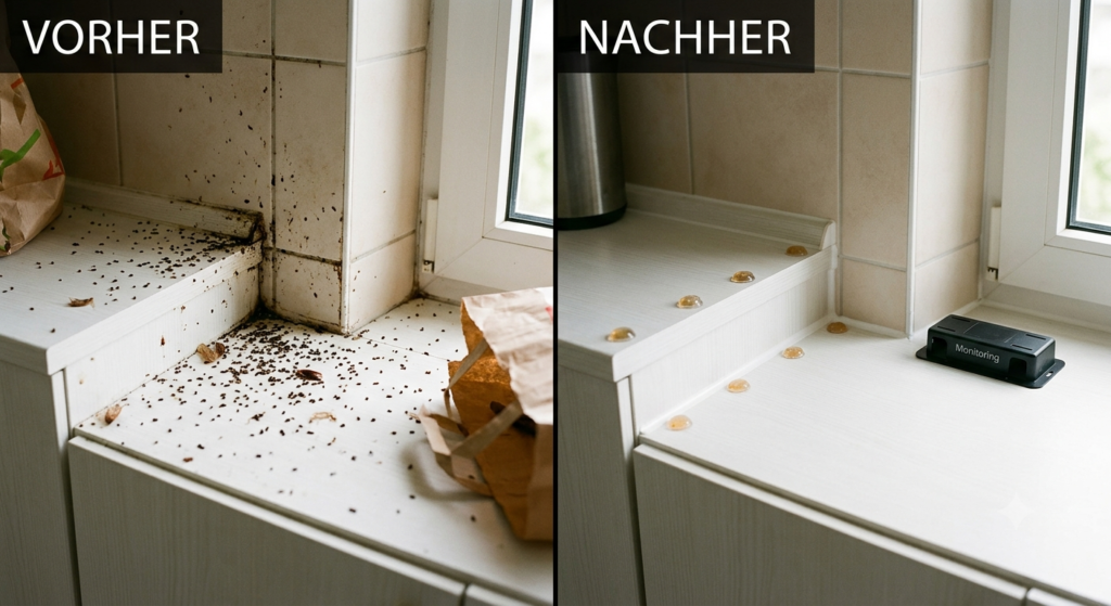 Kakerlakenbefall Vorher-Nachher: Links ein verunreinigter Küchenbereich mit Kakerlakenkot und Häutungsresten in Langenhagen. Rechts derselbe Bereich gründlich gereinigt und mit unauffälligen Gelködern zur Kakerlakenbekämpfung versehen.
