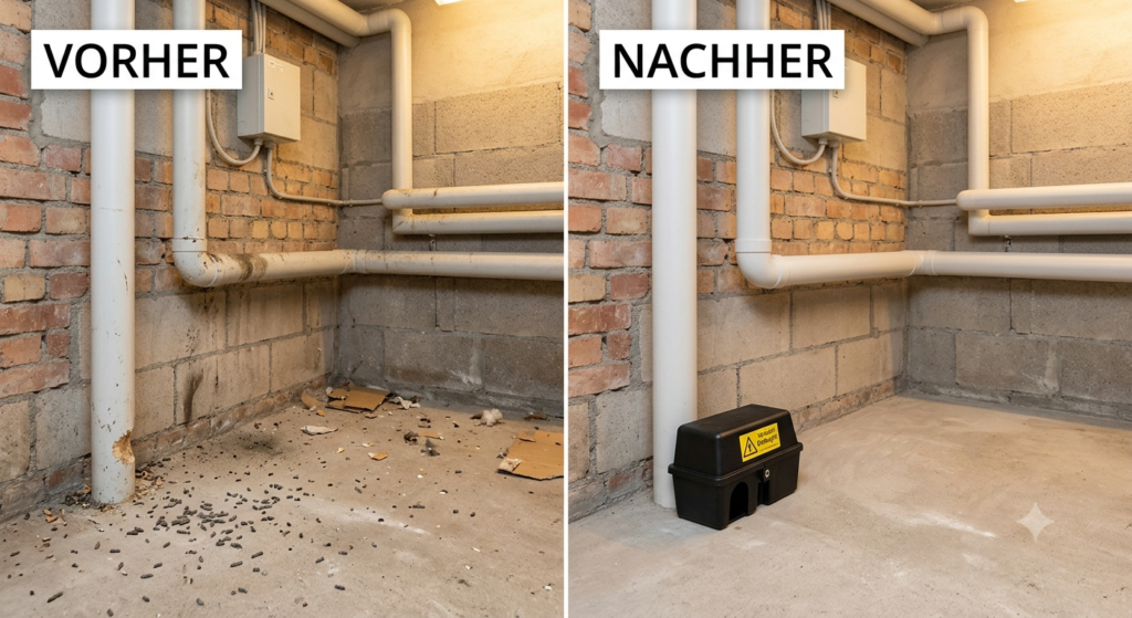Rattenbefall Vorher-Nachher: Links ein verunreinigter Kellerboden mit Rattenkot und Fraßschäden in Garbsen. Rechts derselbe Bereich gereinigt und professionell mit einer gesicherten Köderstation zur Rattenbekämpfung ausgestattet.