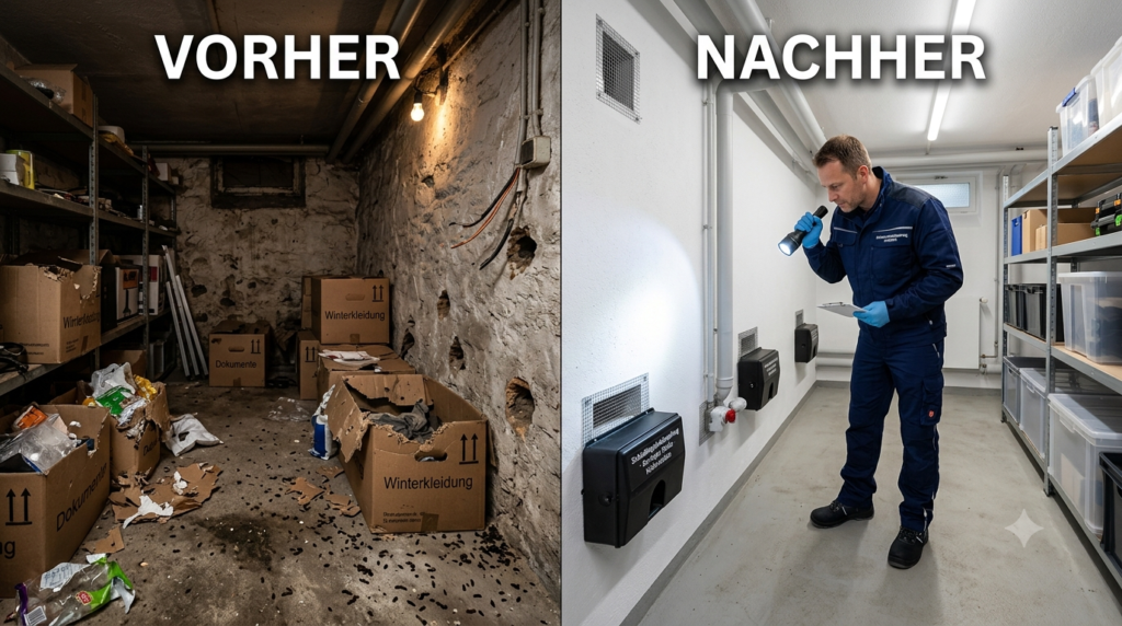 Vorher und Nachher einer professionellen Rattenbekämpfung in Hannover mit fachgerechter Reinigung und Sicherung gegen erneuten Rattenbefall.